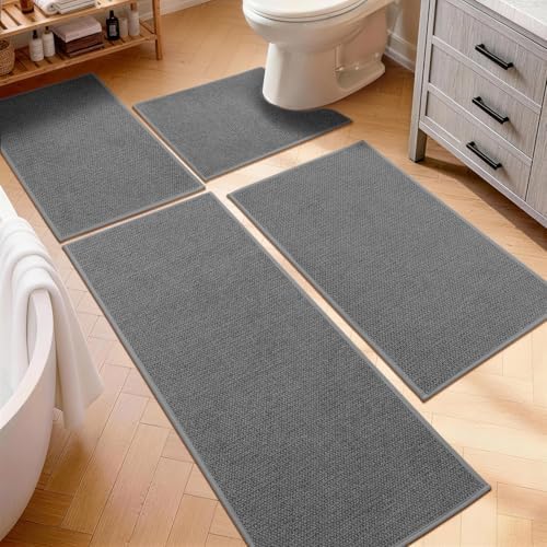 YIHOUSE Dark Gray Bathroom Rugs Sets 4 Piece, Quick Dry Thin Bath Mat with Toilet Rug, Non Slip Absorbent Machine Washable, Bath Runner Rugs for Bathtub Sink Home Decor by YIHOUSE