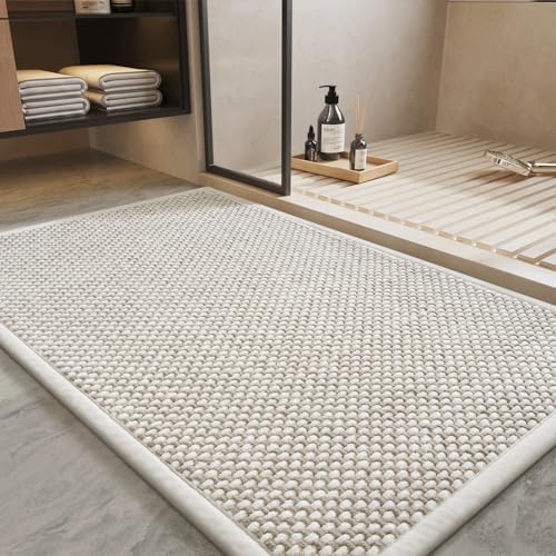 PADOOR-Bath Mat-Super Absorbent Chenille Bathroom Mats-Rubber Backed Bath Mats for Bathroom Non Slip, Easy Clean Bathroom Rugs Front of Bathtub,Shower Room,Sink-24×36, Beige&Cream by PADOOR