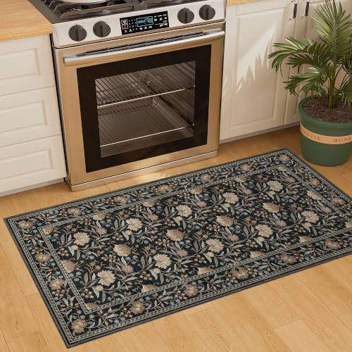 DUKINO 2x4 Rug, Washable Vintage Floral Entryway Rug Non Slip, Black - Image 5