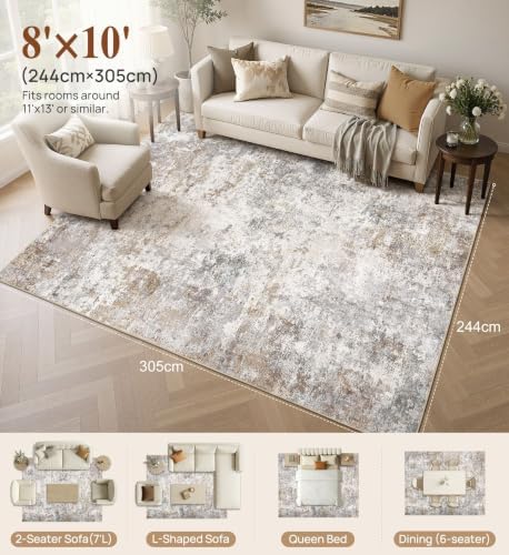 UERMEI 8x10 Area Rug Living Room Rugs Washable Neutral Brown Grey Carpet - Image 3