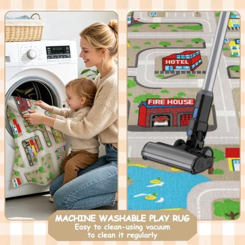 Capslpad Tan Car Road Kid Rug Carpet Playmat for Playoom Traffic Road Kids Play Mat for Toddler Non Slip Washable City Map Race Track Carpet Rug for Kids Room Bedroom Nursery Room Decor,5.2'x3.3' - Image 7