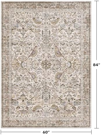 Moss 5x7 Living Room Area Rug, Vintage Washable Rug for Bedroom, Kitchen Table, Home Office, Oriental Brown Botanical Design, Low Pile Soft Carpet with Bird Pattern - Image 2