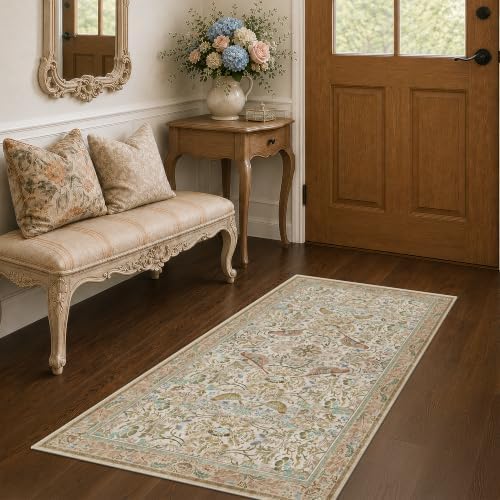 Beige 2x4 Washable Rug for Bathroom, Entryway Non Slip - Soft Low Pile Boho Small Throw Rugs for Kitchen, Powder Room - Unique Boho Bird Botanical Decorative Door Mats Stain Resistant - Image 3