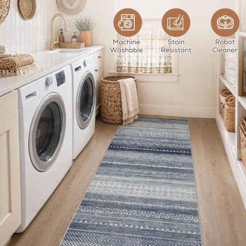 Nakagishi Area Rug Living Room Rugs: 3X8 Machine Washable Boho Large Neutral Farmhouse Stain Resistant Moroccan Indoor Floor Carpet for Bedroom Nursery Dorm Dining Room Home-Denim Blue - Image 5