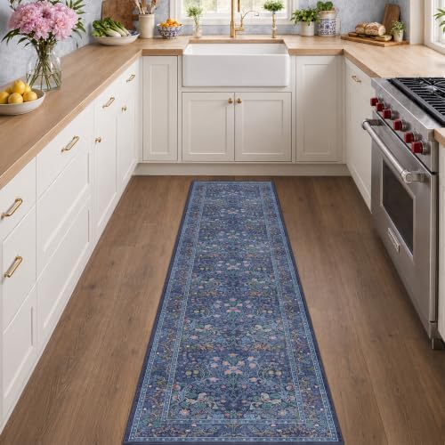 Dark Blue Washable 2x8 Runner Rugs Non Slip for Hallway, Bathroom, Kitchen, Entryway - 8ft Long Low Pile Carpet Runner, Floral Pattern Indoor Floor Mats Stain Resistant Home Décor - Image 3