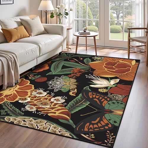 Tyrot Vintage Black Boho Floral 3x5 Washable Area Rug Flat Woven Ultra-Thin Low Pile Botanical Rugs Non-Slip Indoor Rug for Bedroom, Entryway, Kitchen, Dorm, Kids Room, Nursery by TyrotHomeDecor