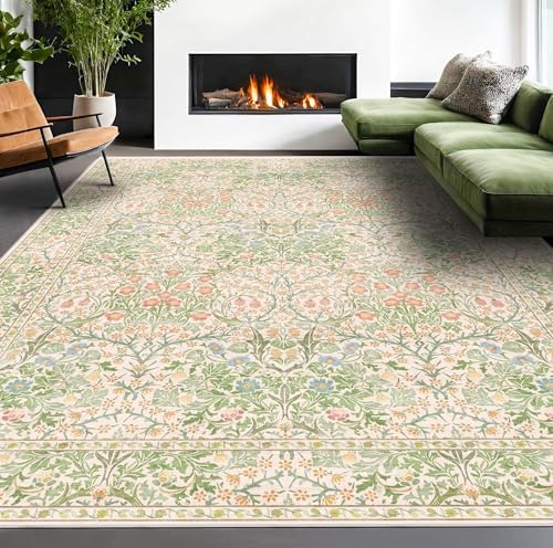 Cream Green Washable 8x10 Area Rugs for Living Room, Bedroom, Dining Room Under Table, Playroom, Stain Resistant Non-Slip Light Green Carpet with Pale Yellow and Pink Blossoms and Blue Flowers by HazoHaus
