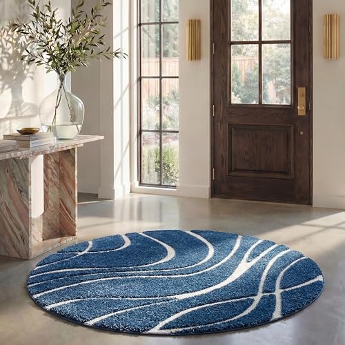 SAFAVIEH Florida Shag Collection Area Rug - 5' Round, Navy & Ivory, Non-Shedding & Easy Cleaning, Plush Thick Pile, Ideal for Living Room, Bedroom, Dining Space (SG471-6512) by Unknown