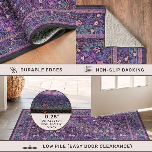 Washable Violet 5x7 Area Rug for Living Room, Vintage Dark Purple Dining Room Rugs for Under Table, Boho Foldable Low Pile Soft Carpet, Stain Resistant & Traditional Plum Floral Design - Image 5