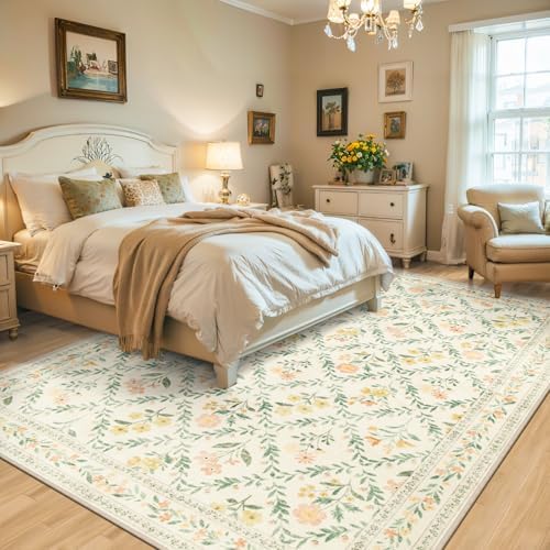 PLHXFR Area Rug Living Room: 5x7 Floral Washable Boho Carpet Beige Multi - Image 3