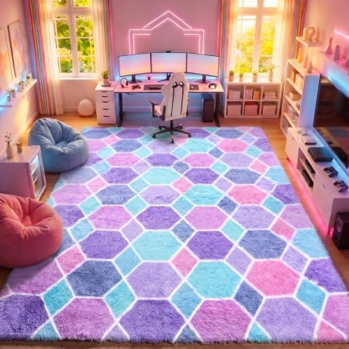 Checkered 8x10 Area Rugs for Living Room, Fluffy Purple Rainbow Girls Rug - Image 3