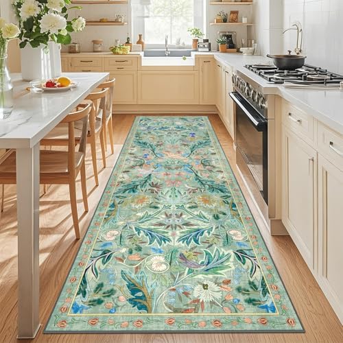 nesrt 2.6'x 8' Bird Runners for Hallway Kitchen Rug Non Slip, Long Washable Boho Jungle Runner Rugs, Soft Floral Botanical Carpet Runner for Hall, Laundry, Bedroom, Bathroom (Light Green) - Image 2