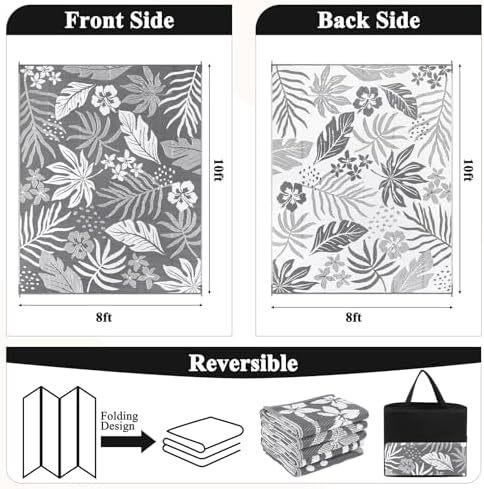 Pauwer Waterproof Outdoor Rug 8x10, Plastic Straw Patio Rug, Floral Grey - Image 2