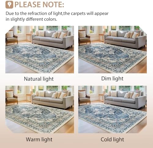 BESTSWEETIE 6x9 Area Rug Washable Rugs for Living Room, No Pile Boho Carpet for Entryway Bedroom Dinning Room, Vintage Carpet Print Distressed Non-Slip, 6 x 9 ft, Blue Navy - Image 6
