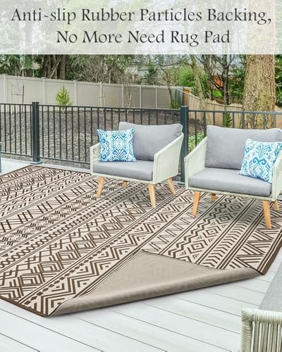 Outdoor Rug Carpet 9x12 ft, Flatweave Textured Outdoor Patio Rug Non Slip Indoor Outdoor Rugs with Rubber Particles Backing Boho Outdoor Area Rug for Patio Deck Front Porch Backyard Balcony, Brown - Image 3