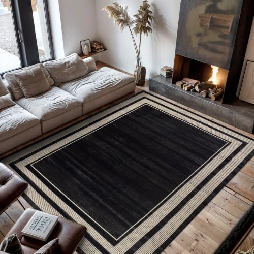 Rugshop Striped Border Machine Washable Non-Slip Area Rug, 9'x12' Black by Rugshop