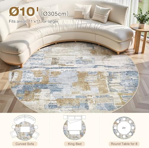 kakania Abstract 10x10 Round Rugs for Living Room: Circle Rugs 10FT Blue Gold - Image 2