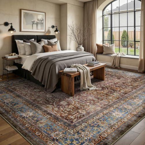 9x12 Area Rugs for Living Room - Washable Vintage Retro Large Rug, Soft Ultra Thin Non Slip Low Pile Traditional Distressed Boho Carpet for Bedroom Dining Room Home Office, Dark Red Brown - Image 4