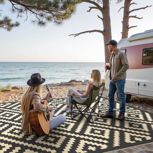 GENIMO Outdoor Rug, Waterproof Plastic Rugs for Patio, 8'x10' Black Beige - Image 3