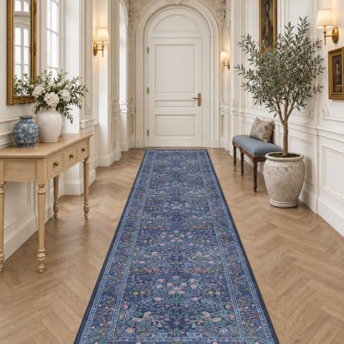 Vintage 3x16 Wide Hallway Runner Rug Non Slip, Ultra Thin Large Kitchen Indoor Floor Rugs for Entryway Hall Way, Soft Stain Resistant Low Pile Blue Floral Carpet by HazoHaus