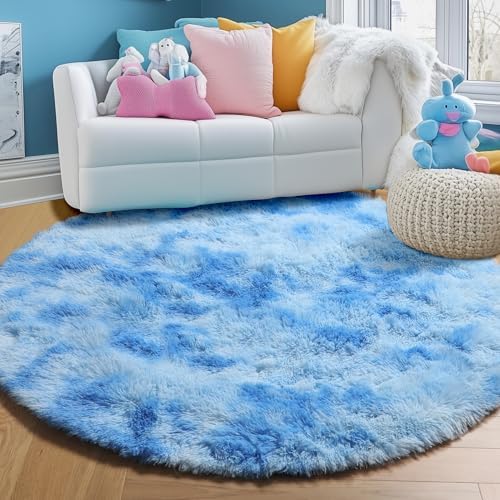 PAGISOFE Round Area Rugs for Boys Bedroom 5Ft Light Blue, Fluffy Circle Rug for Kids Room, Non-Slip, Super Soft Fluffy Carpet for Boys Nursery Kids Playroom, Baby Room Decor Dining Room Non-Shedding - Image 6