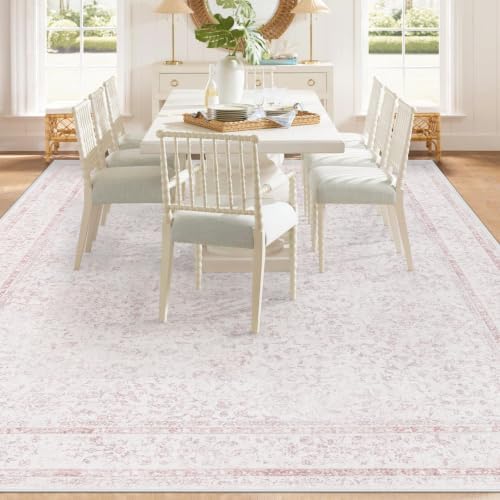 9x12 Area Rugs for Living Room: Washable Large Vintage Floral Rug Low Pile Non-Slip Boho Carpet for Bedroom Home Office Dining Room (Pink, 9'x12') - Image 3
