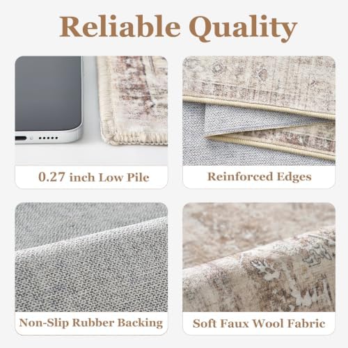 Neutral Oatmeal Living Room Rug 6x9, Washable Non Slip Rug for Dining Room, Low Pile Thin Modern Farmhouse Carpet Rugs for Den Bedrom Home Office, Vintage Distressed Medallion - Image 6