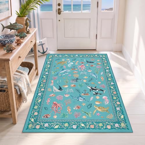 Arenarug Coastal Area Rug 3x5 Washable Ocean Beach Bedroom Rug, Teal by ArenaRug