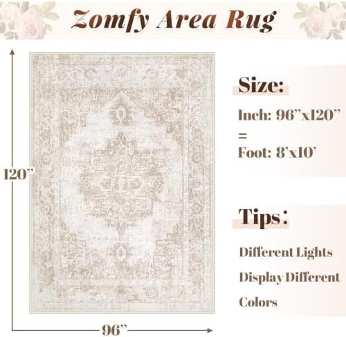 Area Rug 8x10 Vintage Rug: Large Washable Indoor Medallion Rugs Low Pile Distressed Floor Carpet Retro Accent Rug for Living Room Bedroom Kitchen Dining Table Home Office(Beige, 8'x10') - Image 2