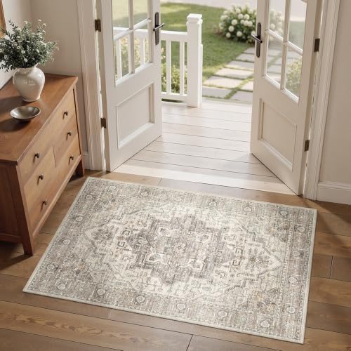 3x5 Washable Rug: Non Slip Soft Vintage Light Brown Entry Rug by ZUNTKON