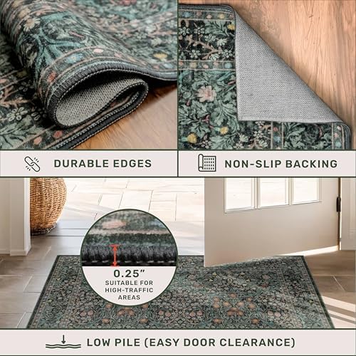 Dark Green Washable 3x20 Extra Long Runner Rug for Hallway Non Slip, Large Kitchen Indoor Floor Rugs for Entryway Hall Way, Soft Stain Resistant Low Pile Vintage Floral Carpet - Image 5