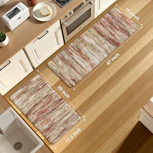 KIMODE Anti Fatigue Kitchen Mats,Farmhouse Kitchen Rugs Sets of 2 Red Brown - Image 3
