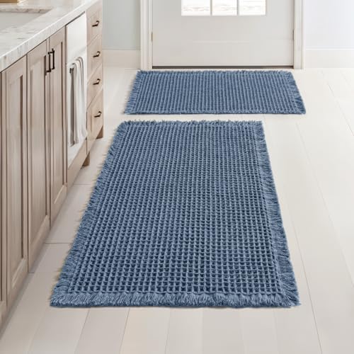 MIULEE Set of 2 Waffle Bathroom Rugs Boho Bath Mat Blue 17"x24"+18"x30" by MIULEE