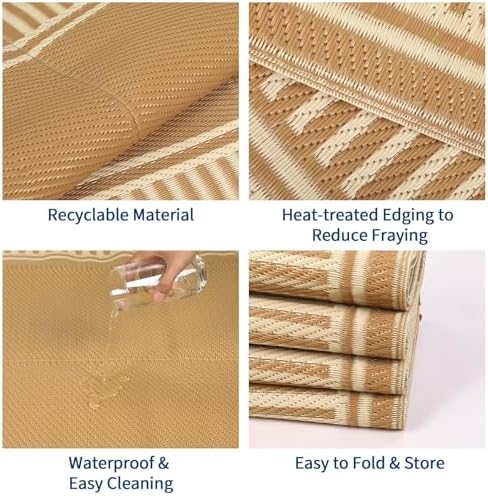 GAOMON Large Outdoor Camping Rug 9x18 Modern Bordered Reversible Outdoor Carpet Foldable Retro Plastic Straw Rug Portable Outside Patio Rugs Floor Mat for Porch, Beach, Balcony, Backyard,Border-Beige - Image 6