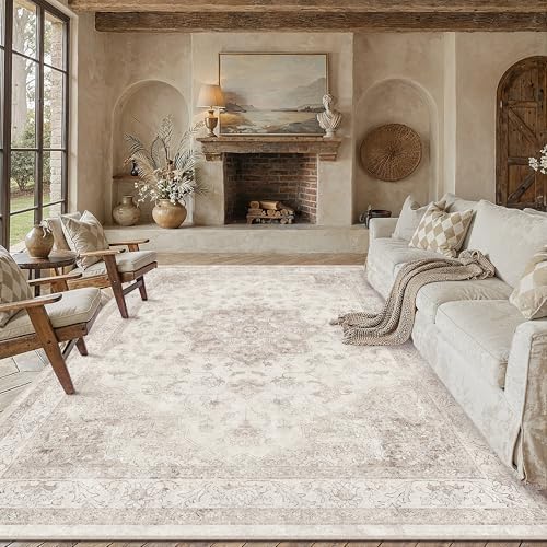 PureCozy Beige 8x10 Washable Area Rug Vintage Oriental Medallion Carpet by PureCozy