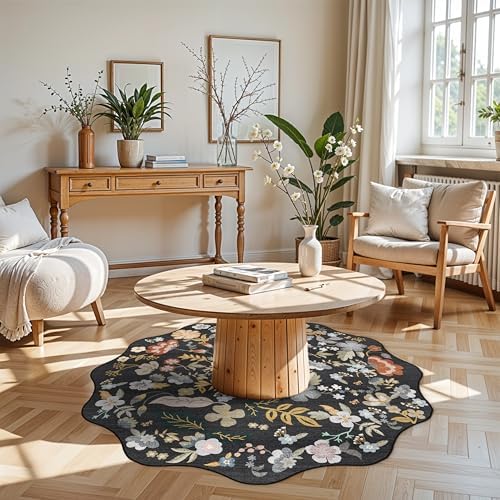 Washable Scalloped 4ft Round Rug: 4x4 Boho Floral Circle Area Rug Black - Image 3
