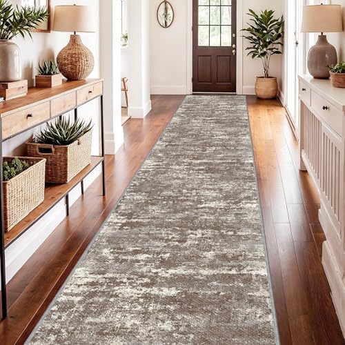 Washable Carpet Runners for Hallway 14ft-Non Slip Floor Runners for Dogs, Abstract Hallway Runner Rug with ‌Silicone Backing, Stain Resistant Rug for Indoor High Traffic,2.6x14,Brown by TTelephant