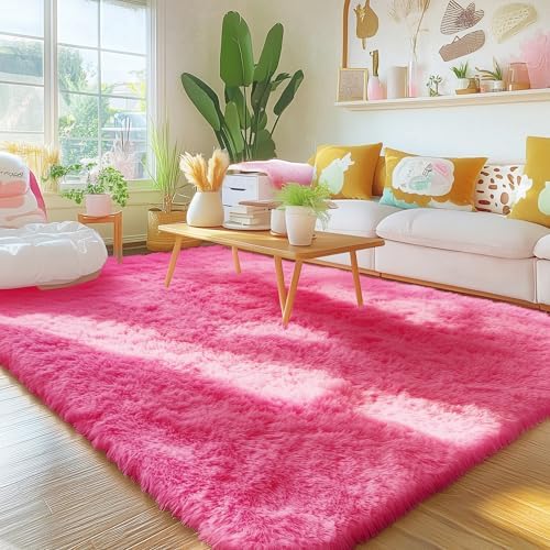 OLANLY Area Rugs for Living Room Bedroom, Machine Washable 4x5.9 ft Soft Fluffy Shaggy Bedside Rug, Indoor Floor Carpet for Kids Girls and Boys, Dorms, Nursery Rooms, Home Decor Aesthetic, Hot Pink by OLANLY