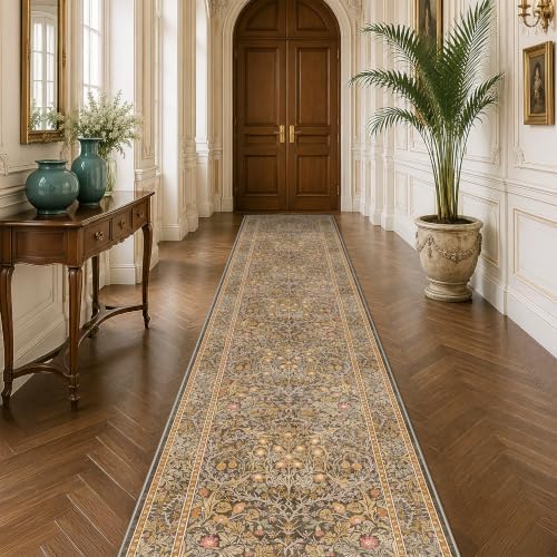 Brown 2'6" x 10' Hallway Runner Rug Non Slip - Washable Kitchen Rug Stain Resistant, 10ft Extra Long Thin Entryway Indoor Mats, Soft Boho Vintage Gold Brown Floral Indoor Carpet Runner Décor Low Pile by HazoHaus