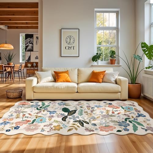 Washable 4x12 Wide Area Rug: Hallway Soft Floral Scalloped Carpet Water Resistant Non-Slip Runner Rug for Entryway Kitchen Dining Room Low Pile Floor Mat for Living Room Bedroom Nursery(4x12,Cream) by HYHAOYUNLAI