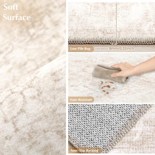Vintage Living Room Area Rug - 8x10 Large Machine Washable Boho Moroccan Rug Distressed Farmhouse Rugs for Bedroom - Soft Non-Slip Indoor Carpet for Dining Room Office Nursery(Retro Beige, 8'x10') - Image 6