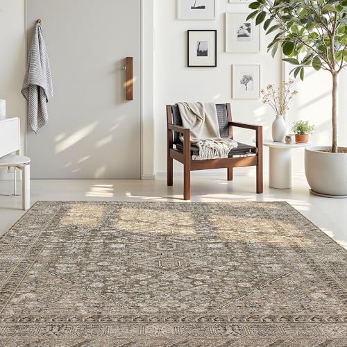 9x12 Beige Brown Washable Area Rug for Living Room, Vintage Print by Unknown