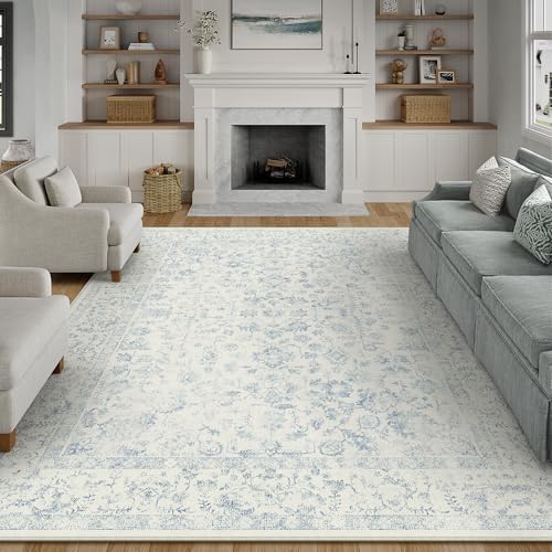 PureCozy 7x9 Blue Area Rug Washable Non Slip Vintage Living Room Carpet by PureCozy