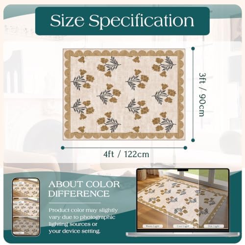 3x4 Floral Entry Rug - Small Washable Indoor Outdoor Mats for Front Door Non-Slip Porch Rug Beige Vintage Farmhouse Throw Rugs for Living Room Bedroom Entryway Kitchen Office Porch Decor - Image 2
