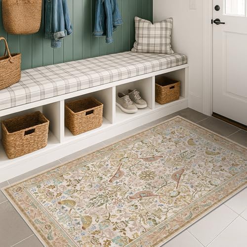 Large Entryway Rugs Indoor - Beige 3x5 Washable Rugs for Kitchen Bedroom Beside Bed Door Mat Indoor Entrance with Light Beige Woodland Flowers, Non Slip Stain Resistant Low Pile - Image 6