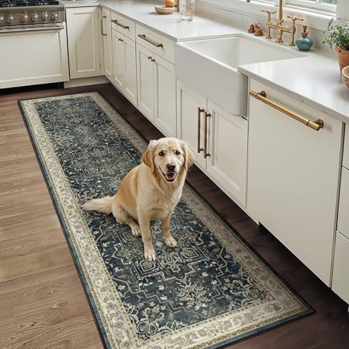 Medallion Hallway 2x8 Runner Rug, Washable Non Slip Entryway Runner Indoor, Low Pile Thin Vintage Distressed Carpet Runners 8ft for Kitchen/Bedroom Bedside/Laundry Room/Bathroom, Midnight/Multi - Image 3