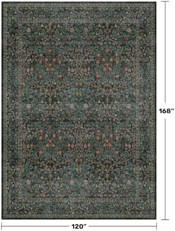 Vintage Washable Dark Green 10x14 Rug for Living Room - Extra Large Area Rug for Dining Room Under Table, Soft Low Pile Carpet for Bedroom - Vintage Floral Design Non-Slip (10x14 Dark Green) - Image 2