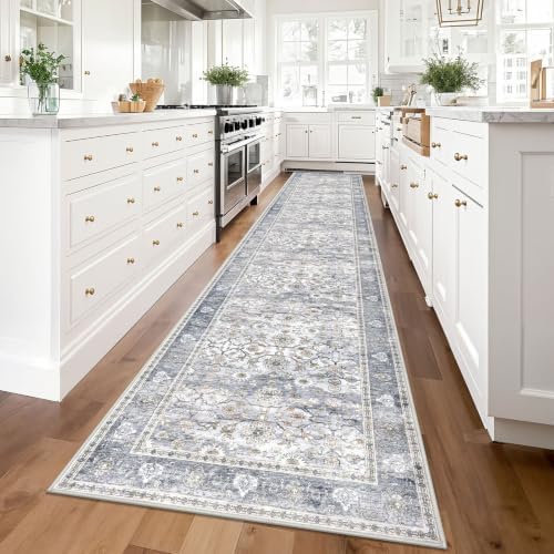 KUTA Vintage Washable Runner Rug 2.6x14 Kitchen Runners Grey Blue - Image 3