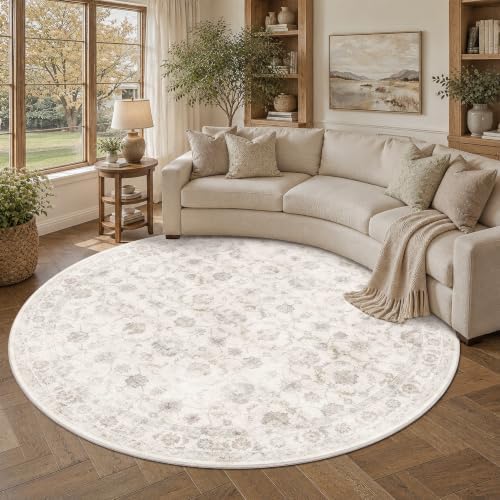 Washable 6ft Round Living Room Rug Non-Slip Floral Beige Throw Carpet by HOME