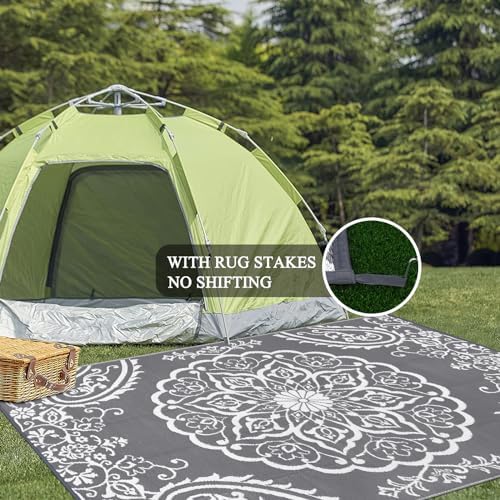 Pauwer Outdoor Rug 9x12, Waterproof Plastic Straw Camping Rug, Boho Grey - Image 5